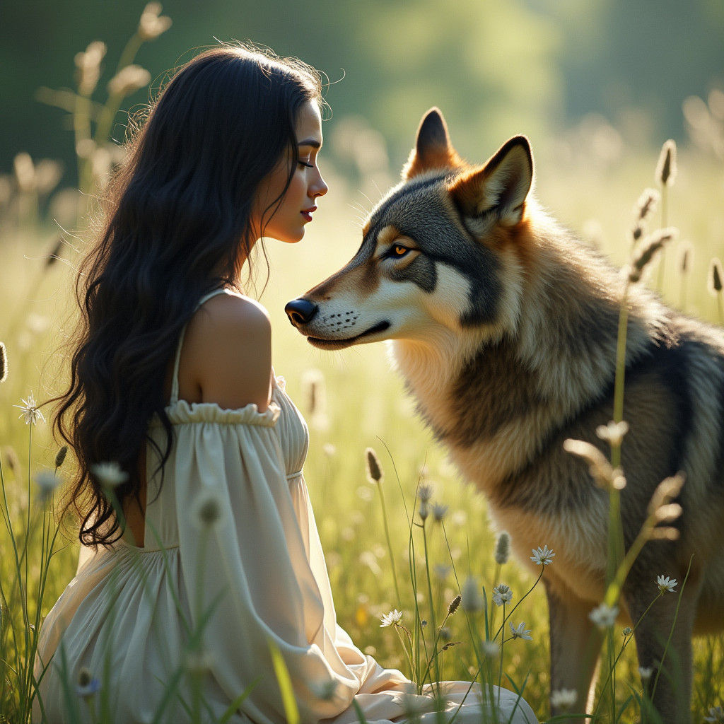 Woman and Wolf in Meadow, Hyperrealistic Quality