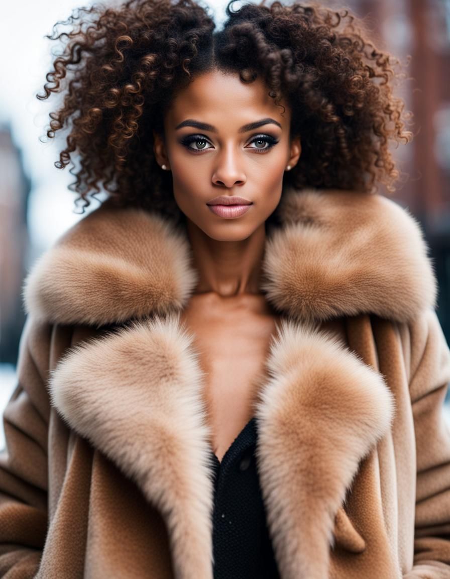 High Fashion Portrait: Woman in Fur Coat, Winter Cityscape