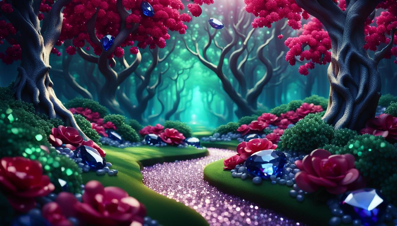 Emerald Canopies and Ruby Blooms in a Diamond Realm