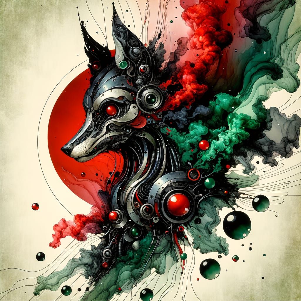 Demonic Robot Fox in Gothic Cyberpunk Splash Art