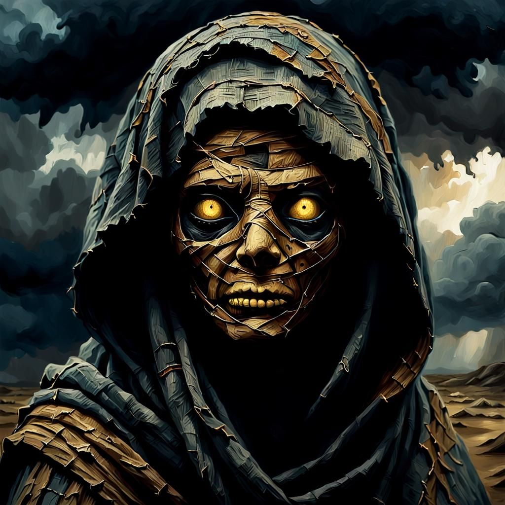 Eerie Mummy in Stormy Weather, Dark Academia Oil Painting