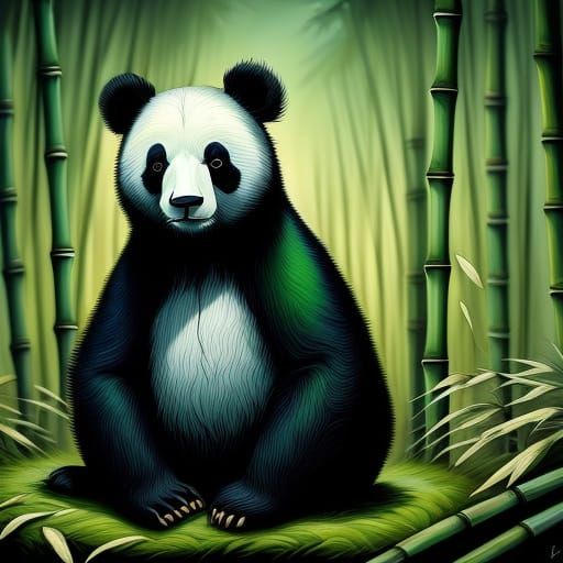 Adorable Panda Eating Bamboo in Golden Hour Oil Painting