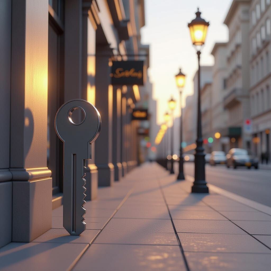 City Street Scene with Giant Key in Futuristic Style