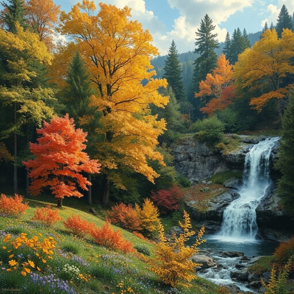 Autumn Forest Landscape with Vibrant Colors and Majestic Wat...