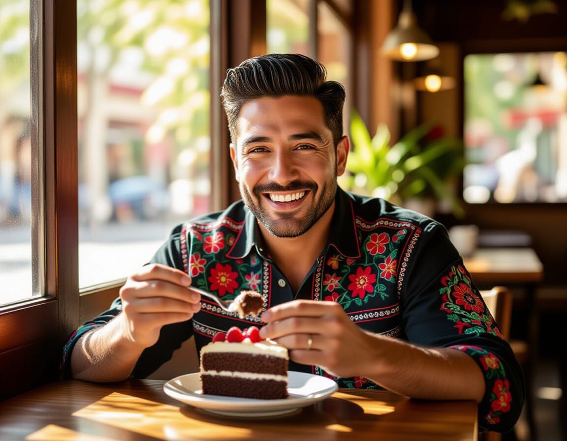 Man Joyfully Eats Chocolate Cake in Sunlit Cafe