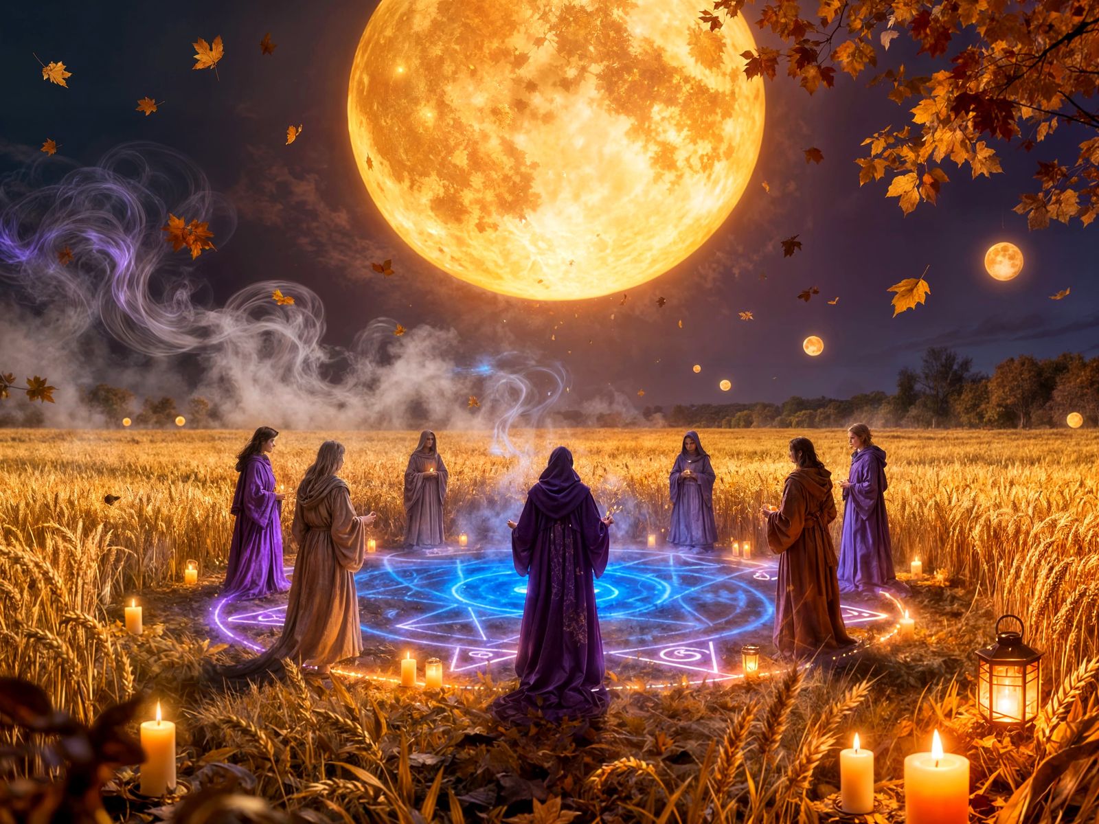 Mysterious Harvest Moon Ritual with Robed Figures