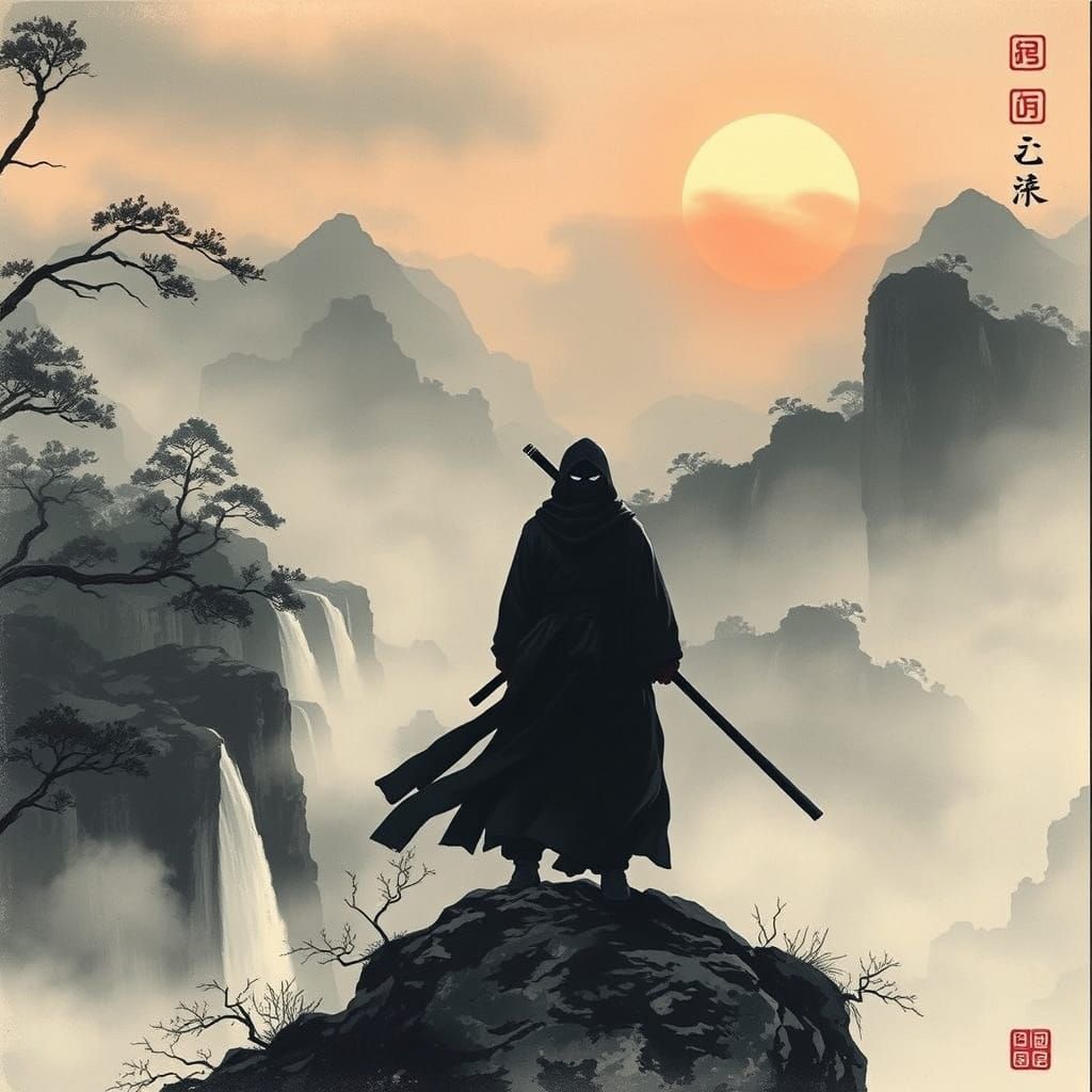 Mystical Ninja Contemplates Dawn in Traditional Chinese Ink ...