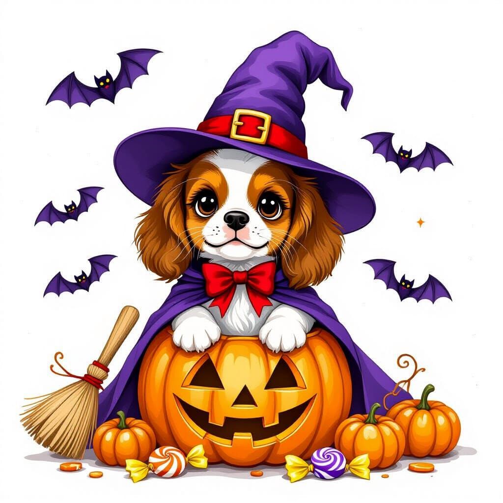 Cute Cavalier Puppy in Witch Hat with Pumpkin