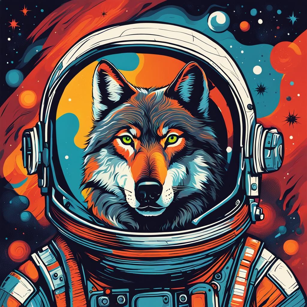 Abstract Astronaut Wolf Art in Complementary Colors