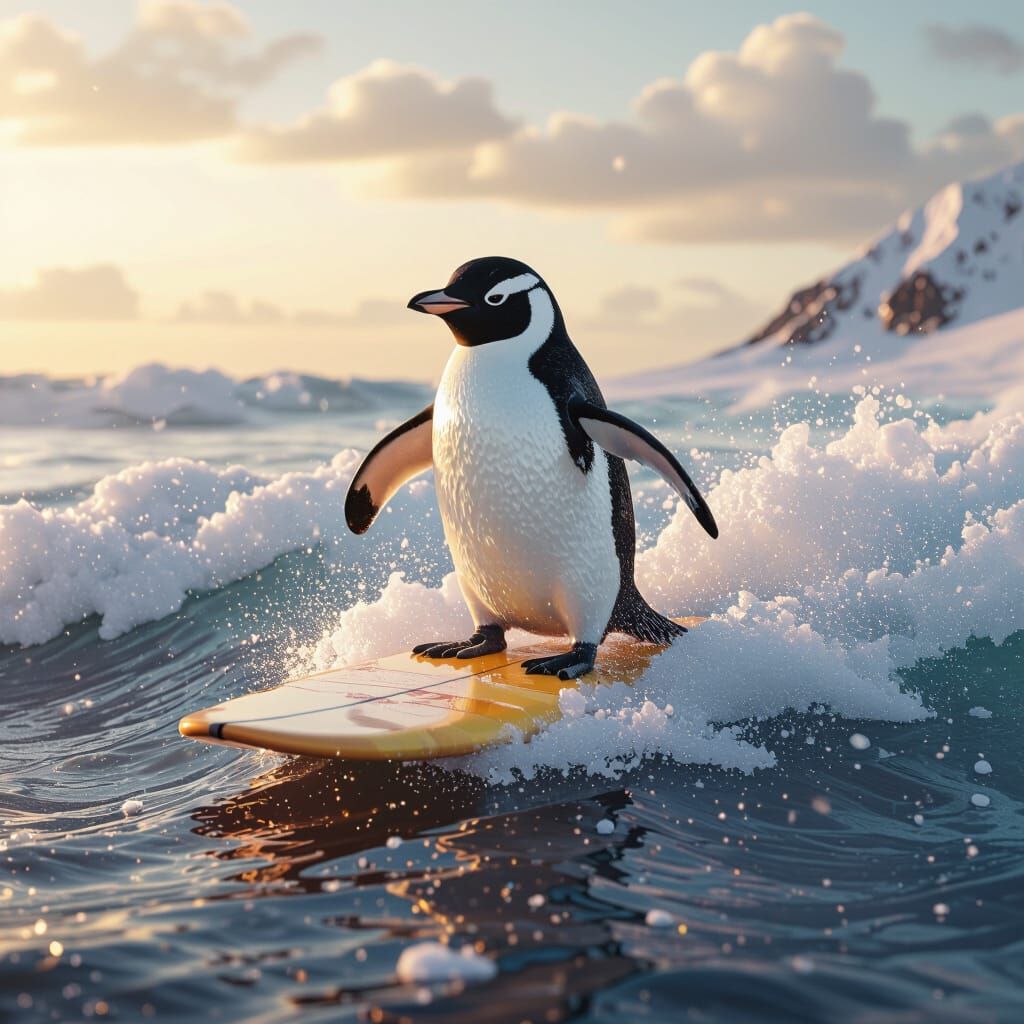 Penguin Surfing Lava Wave in 3D Style