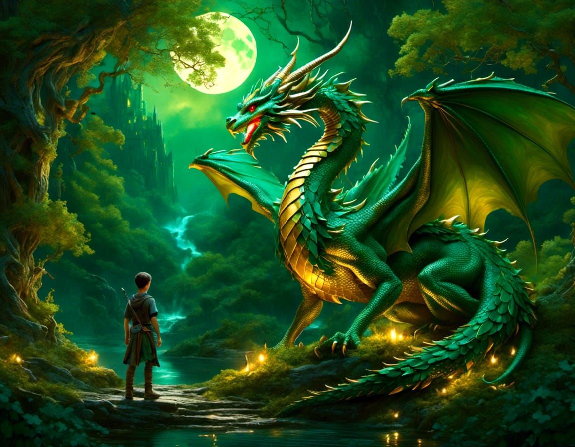 Mythical Forest Dragon with Keeper: Fantasy Art