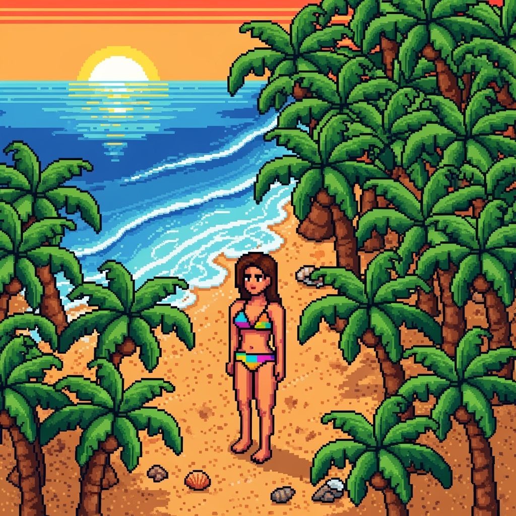 16-bit Pixel Art Woman on a Retro Beach