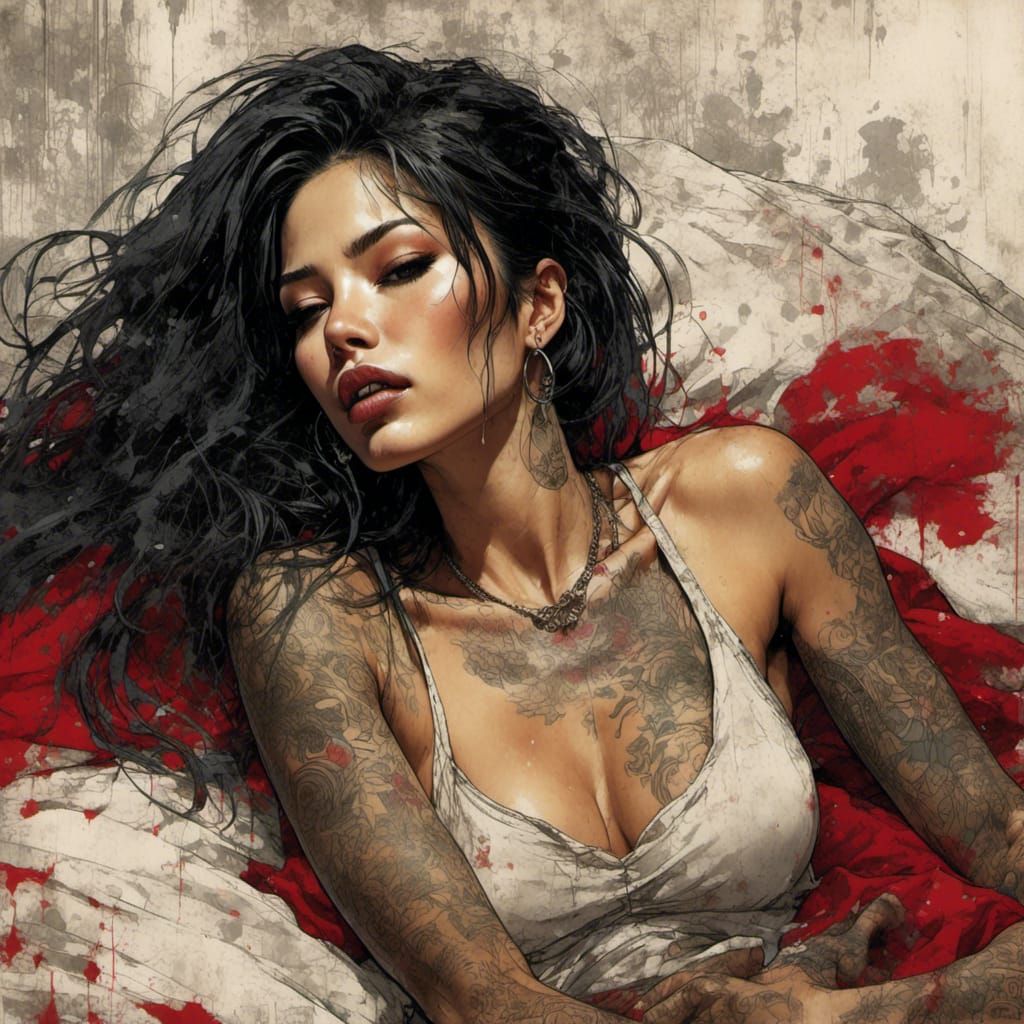 Beautiful Woman in Bed with Grunge-Poster Style