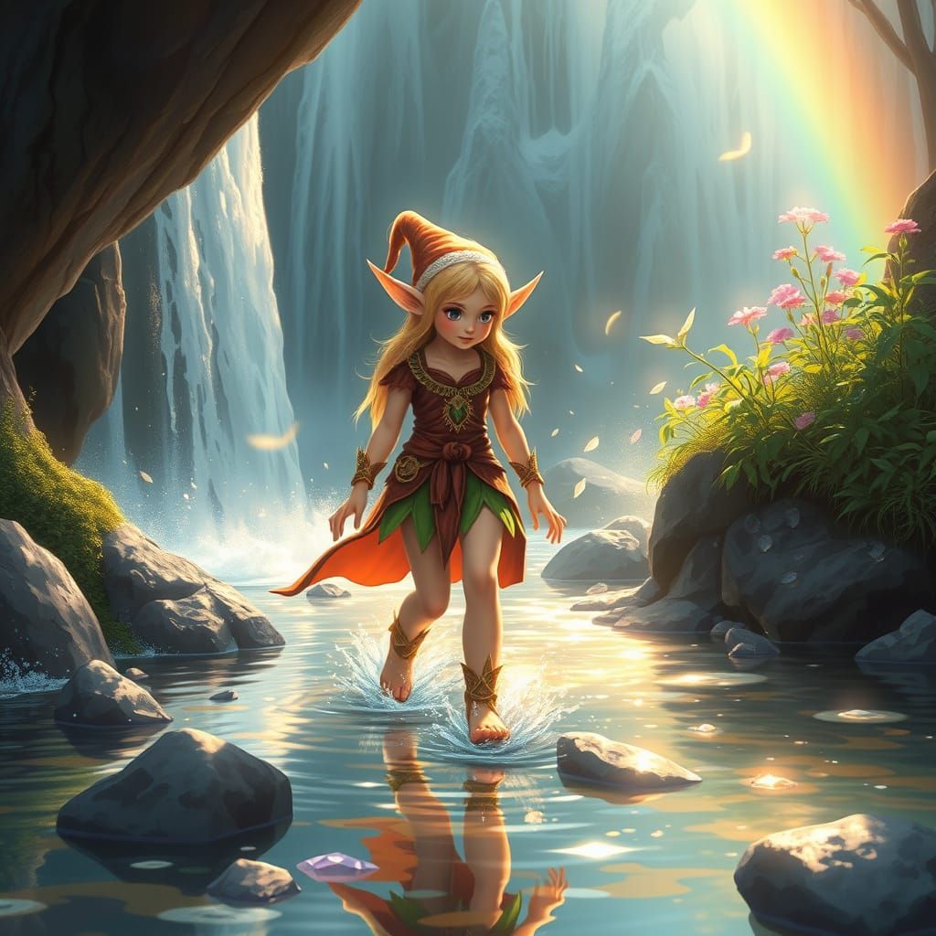 Ethereal Elf Amidst Radiant Waterfall
