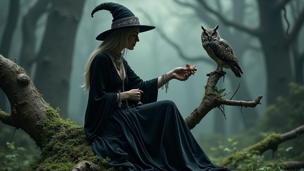 Dark Witch Feeds Owl in Mystical Forest