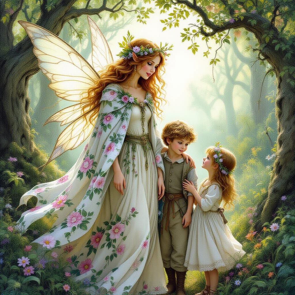 Mother Fairy with Children in Woodland Style