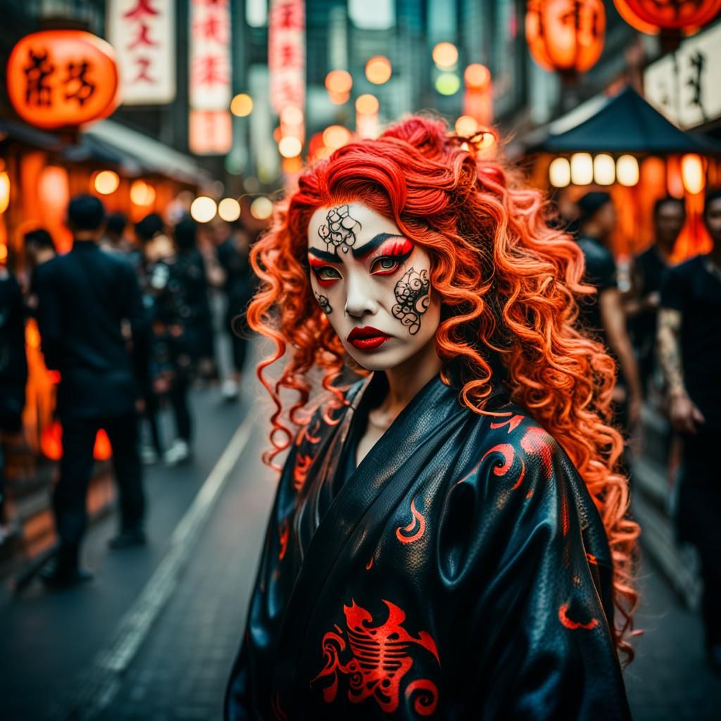 Beautiful Oni Yokai with Ghost Flames in Cyberpunk Style