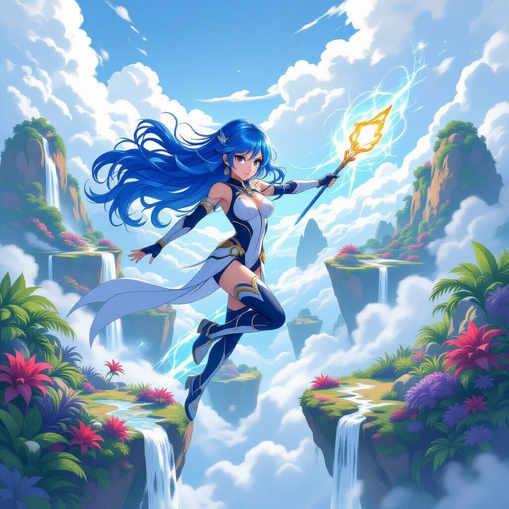 Anime Girl Leaping Chasm in Fantasy Sky Realm