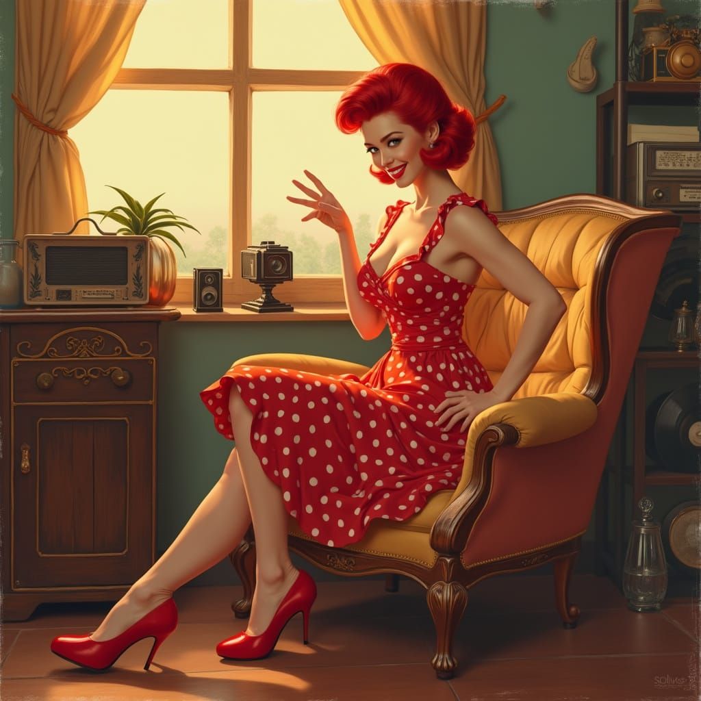 Retro Pin-Up Girl in Polka-Dot Dress Poses in Vintage Settin...