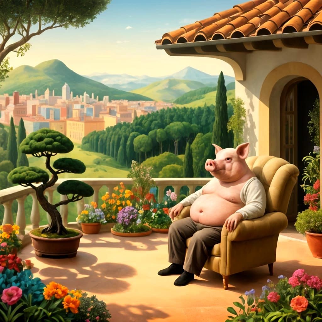 Cosy Loggia with City Views and Pig-Headed Man