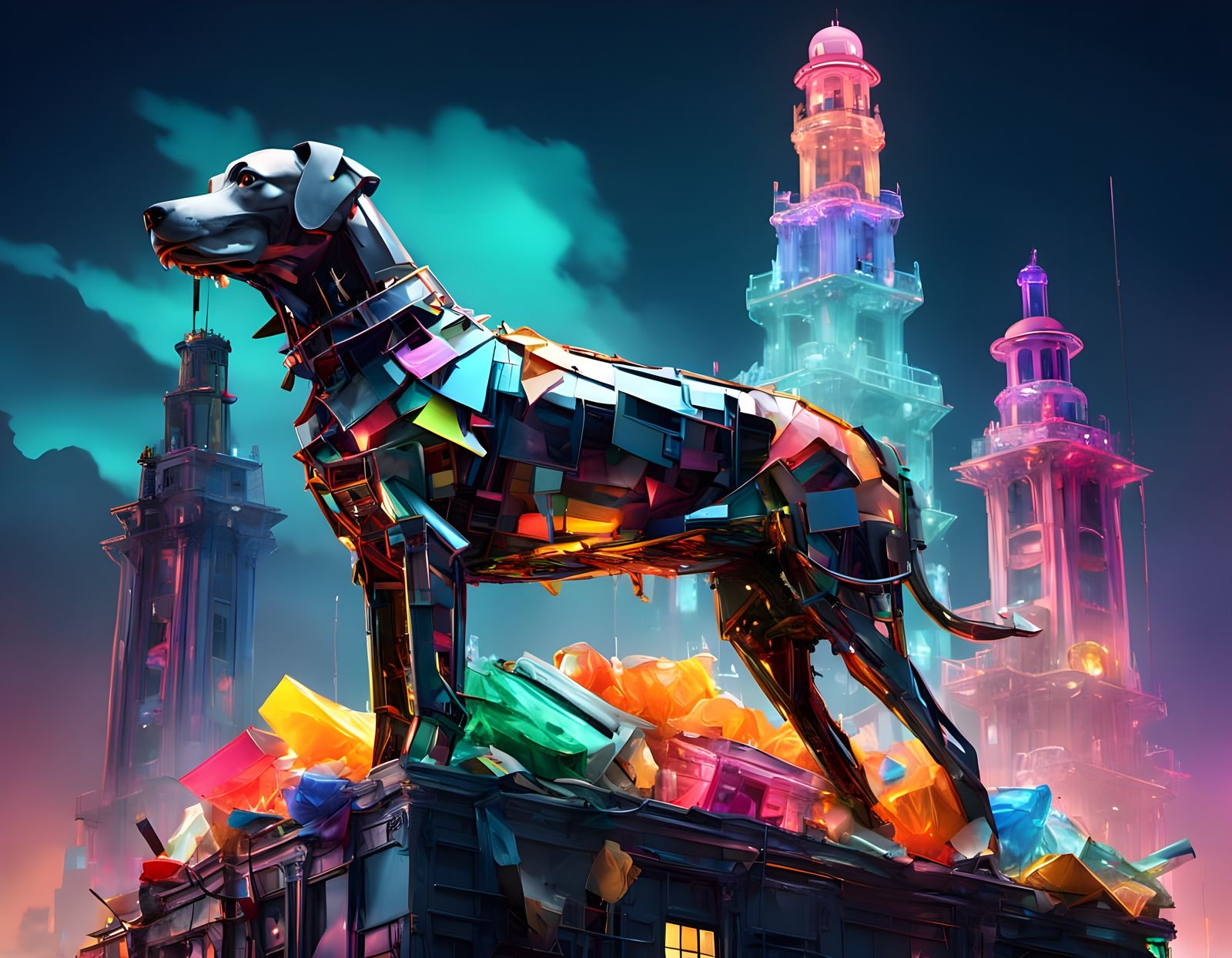 Plastic Dog Sits Regally in Art Deco Tower