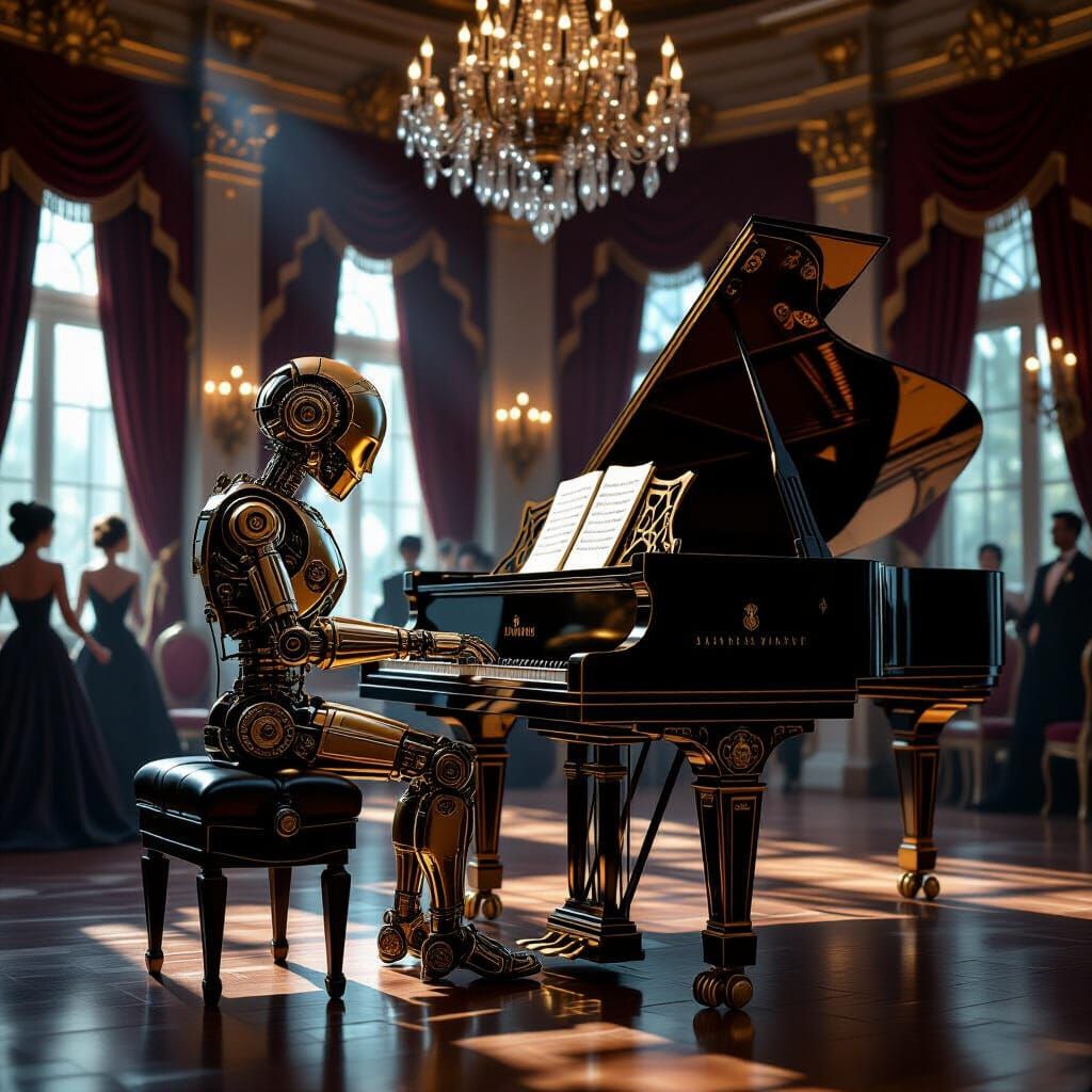 Steampunk Automaton Plays Piano in Opulent Ballroom