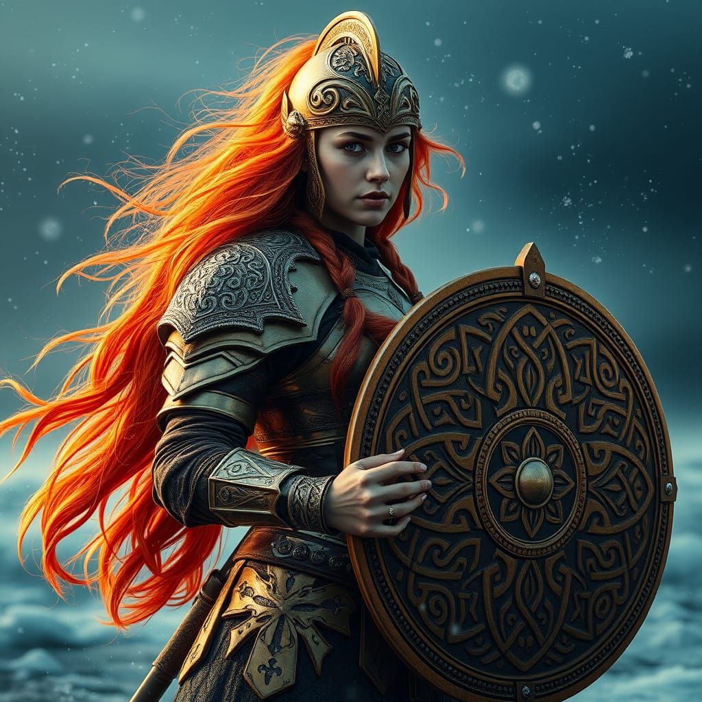 Regal Celtic Warrior Queen in Golden Armor