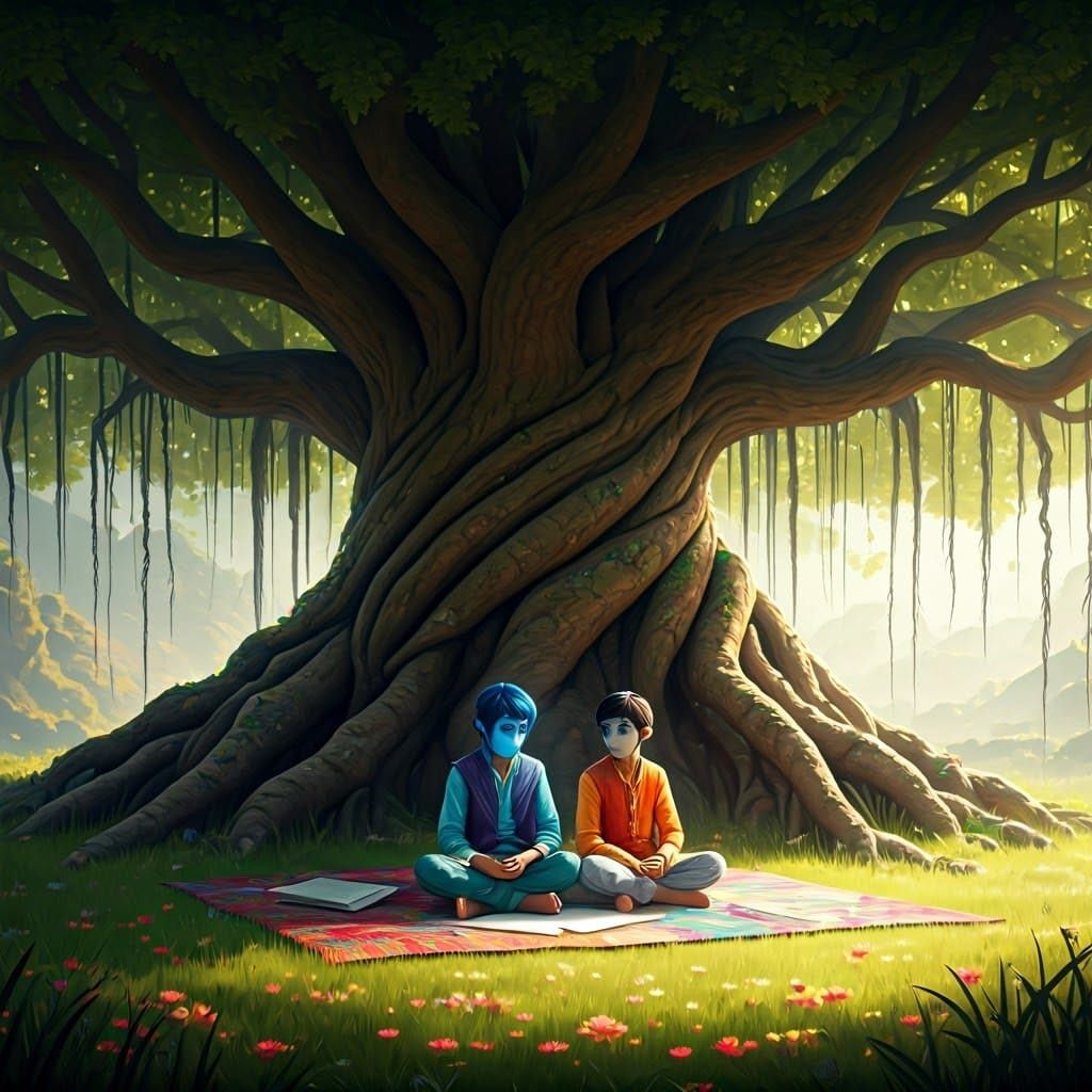 Friends Studying Under a Tree in Fantasy Style