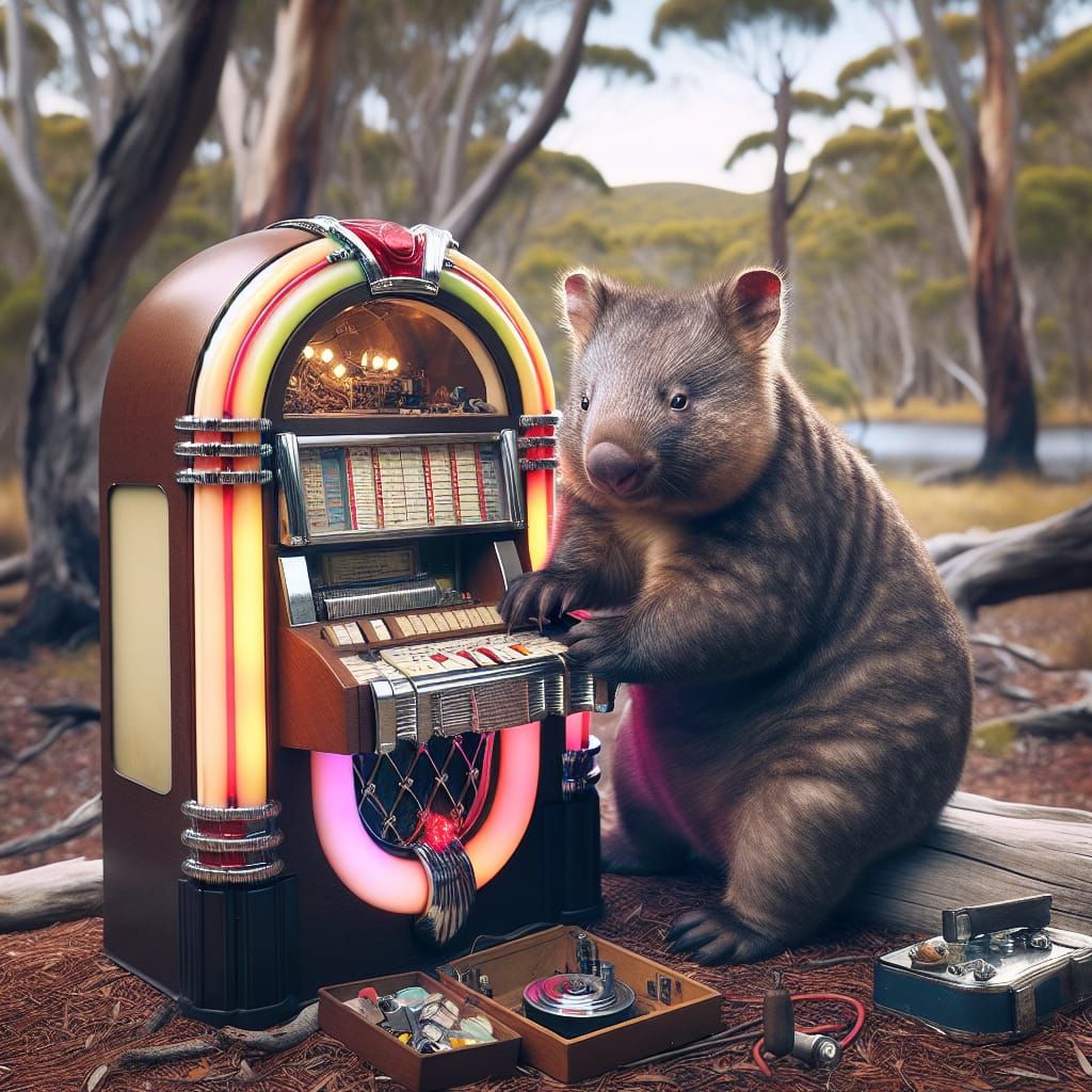 Wombat in Cyberpunk Wilderness Repairing a Retro Jukebox