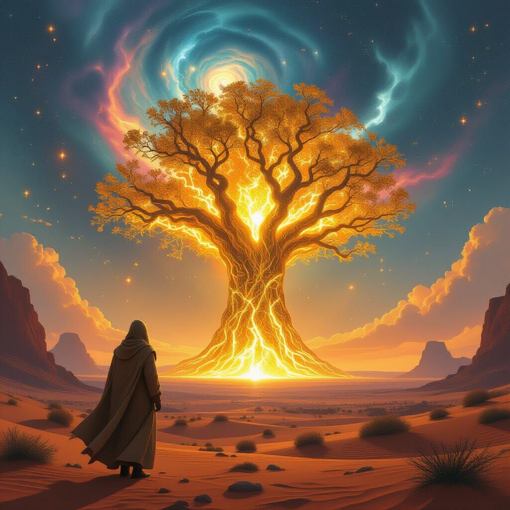 Mystical Golden Tree and Lone Traveler in Hyper-Realism