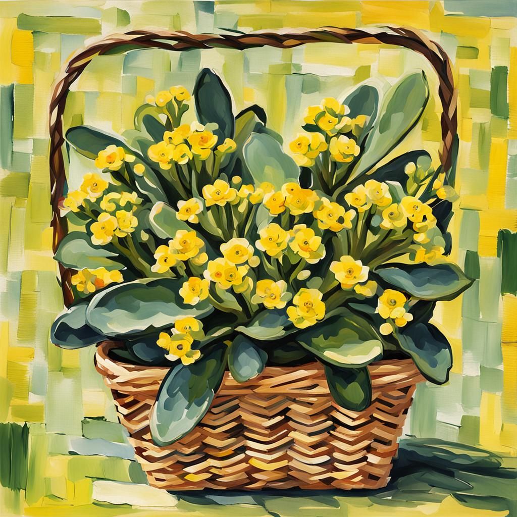 Yellow Kalanchoe in Woven Basket: Abstract Bold Colors