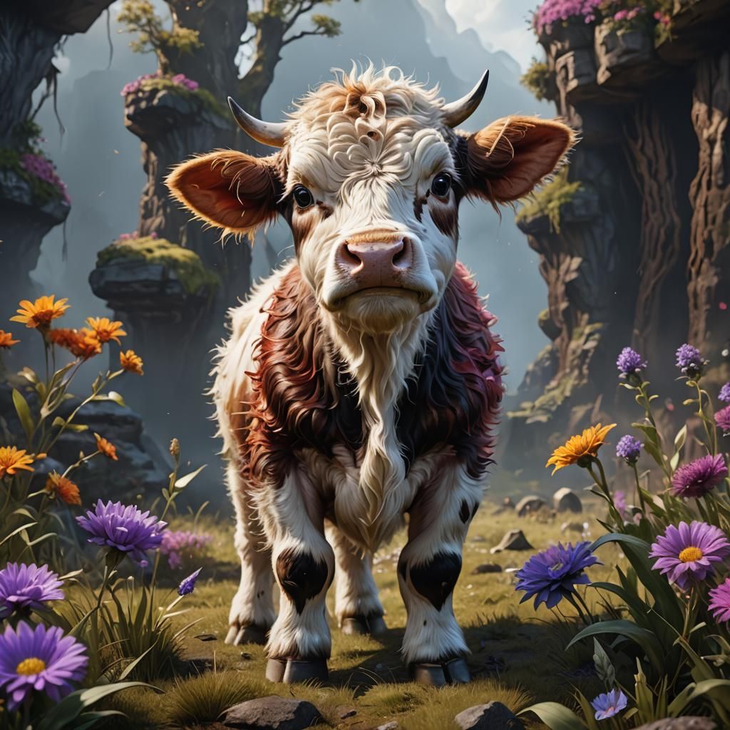 Fantastical Fluffy Baby Cow in Detailed Matte Painting