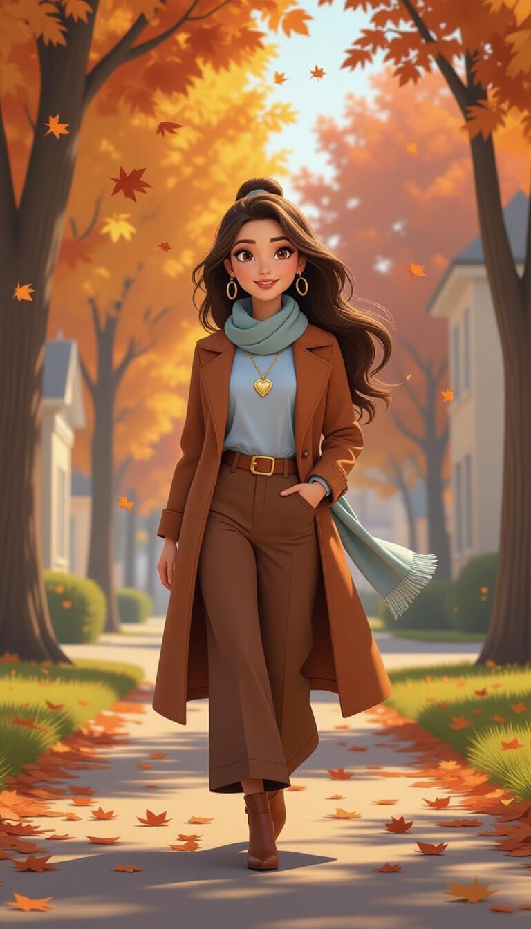 Young Woman in Autumn Street Scene - Pixar Style
