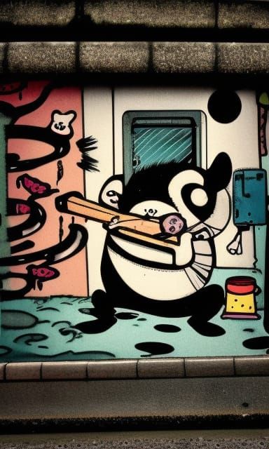 Opossum Graffiti Mural in Rainy Japanese Alleyway