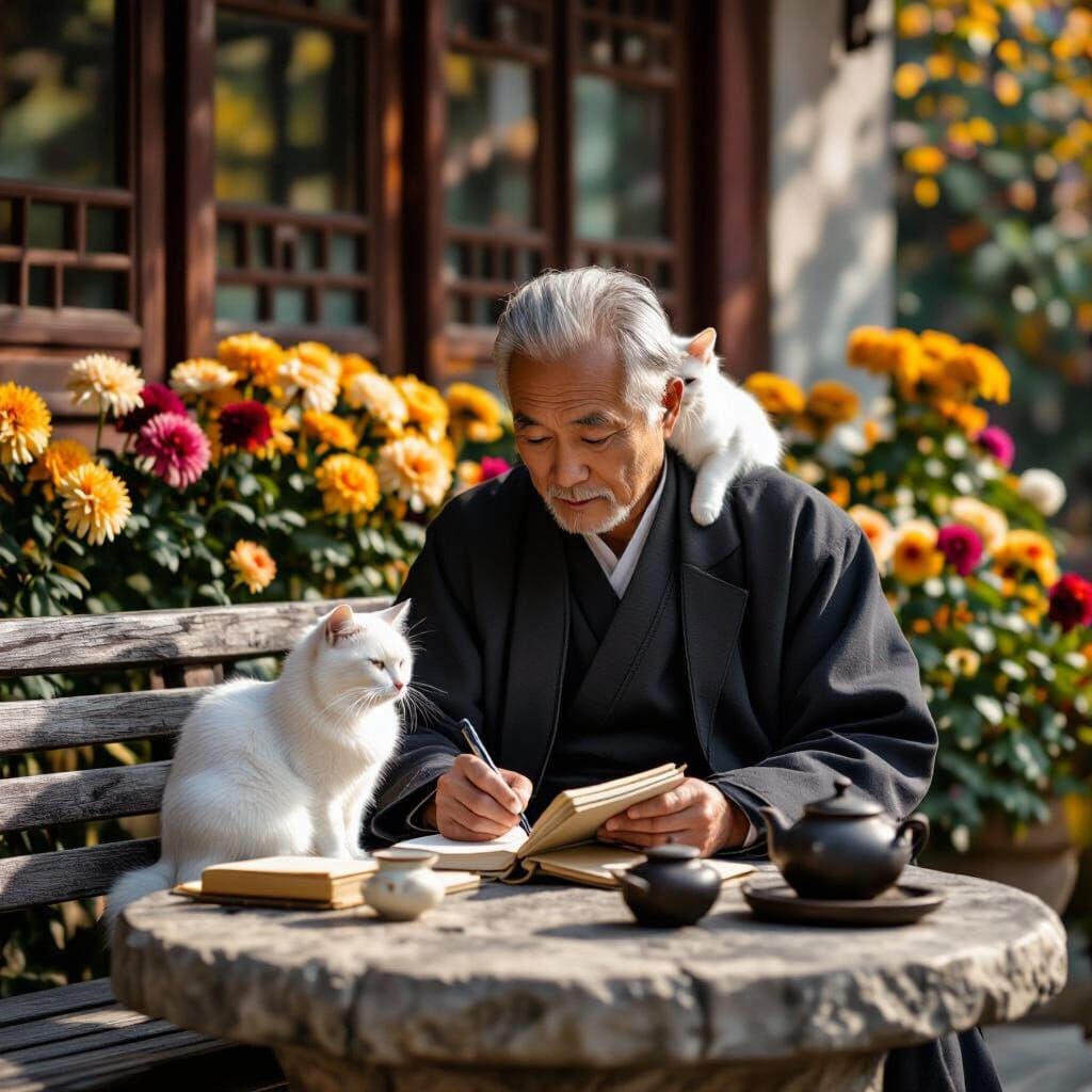 Aged Man Writes With Cat and Tea Set Amidst Chrysanthemums