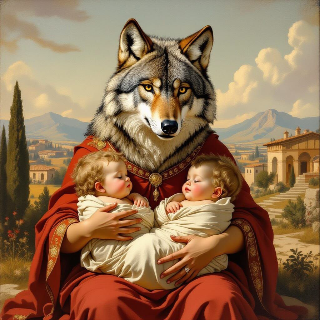 She-Wolf Nurturing Twins as Roman Fresco