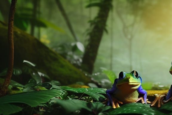 Frogs in Sunny Cambodian Rainforest: Photorealistic Illustra...