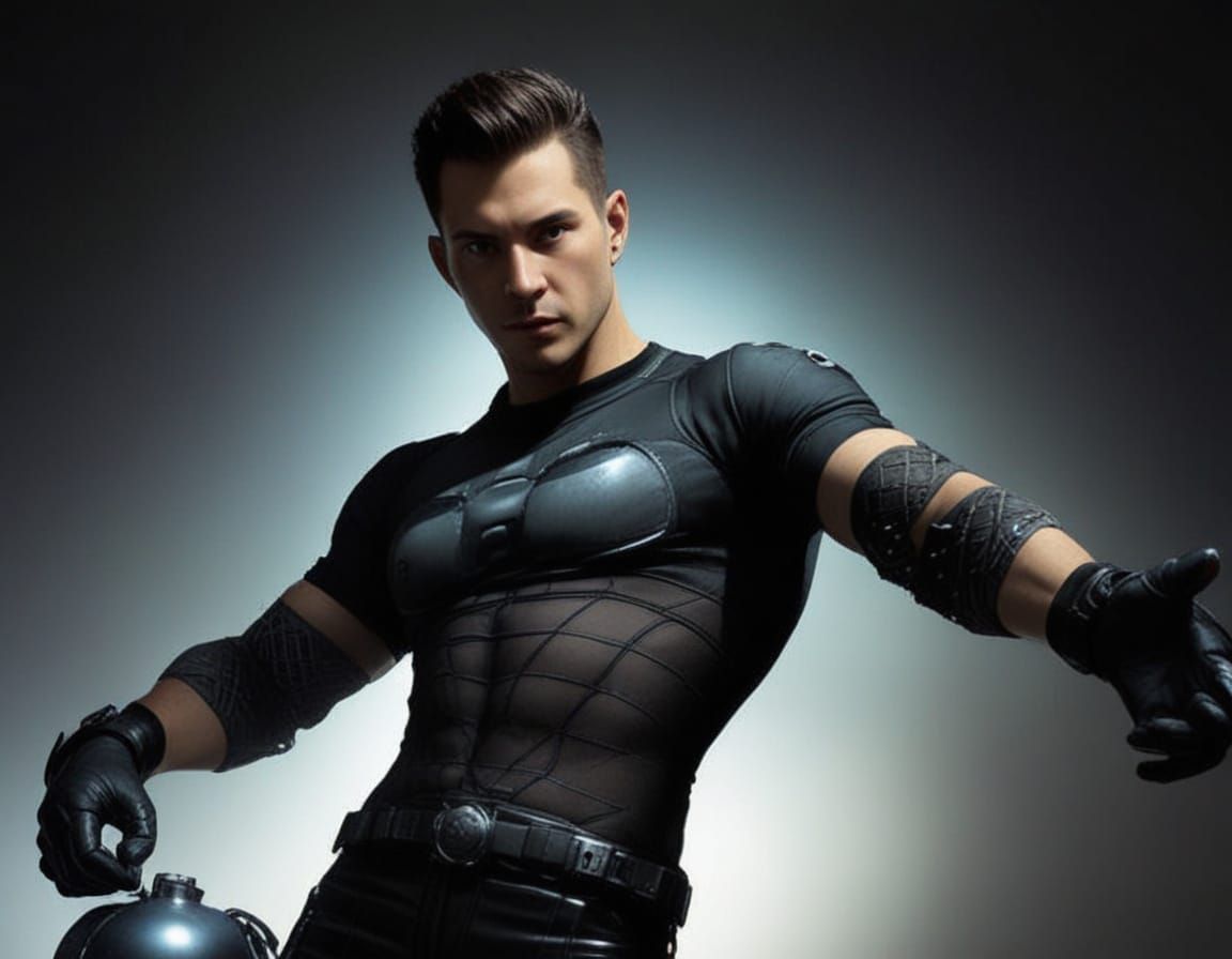 Muscular Spaceman Firing Laser Pistol in Futuristic Rubber W...