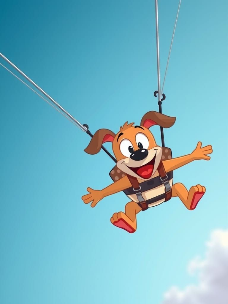 Cartoon Dog Skydiving with Polka Dot Parachute