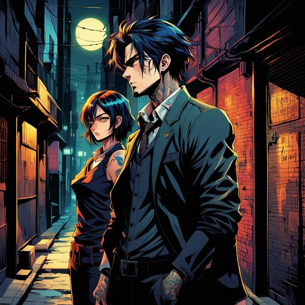 Dark Noir Anime Masterpiece in Deep Blues and Purples
