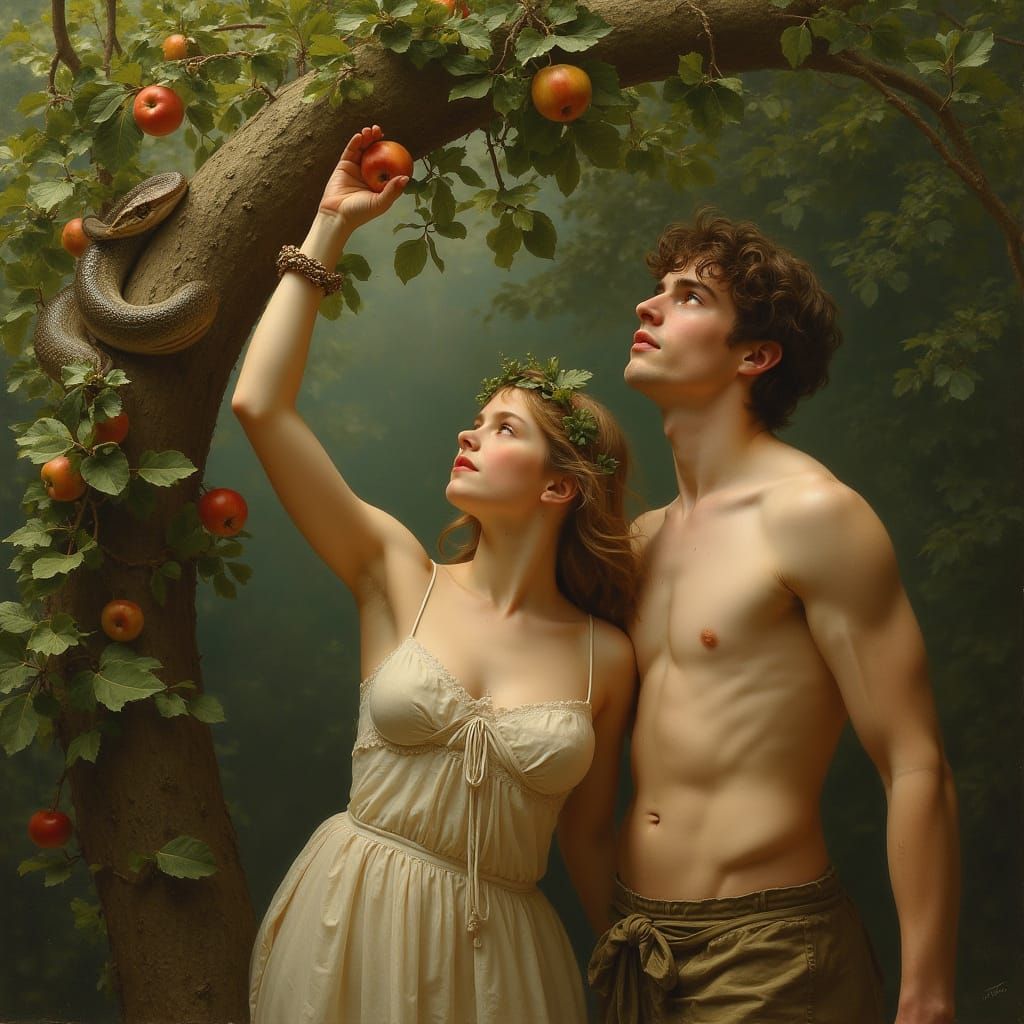 A Young Woman and Man Amidst a Lush Forest, Reaching for App...