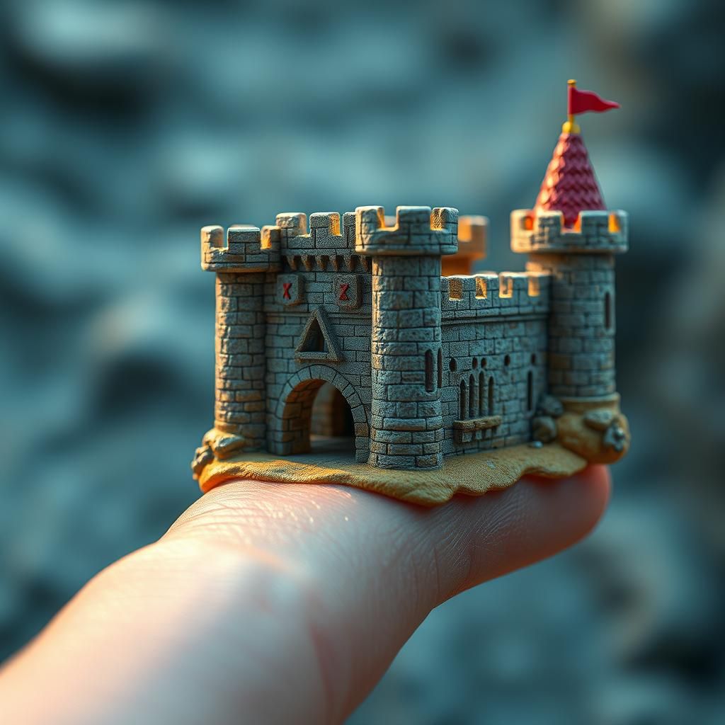Microscopic Sandcastle on a Finger, Ultra-Realistic Image