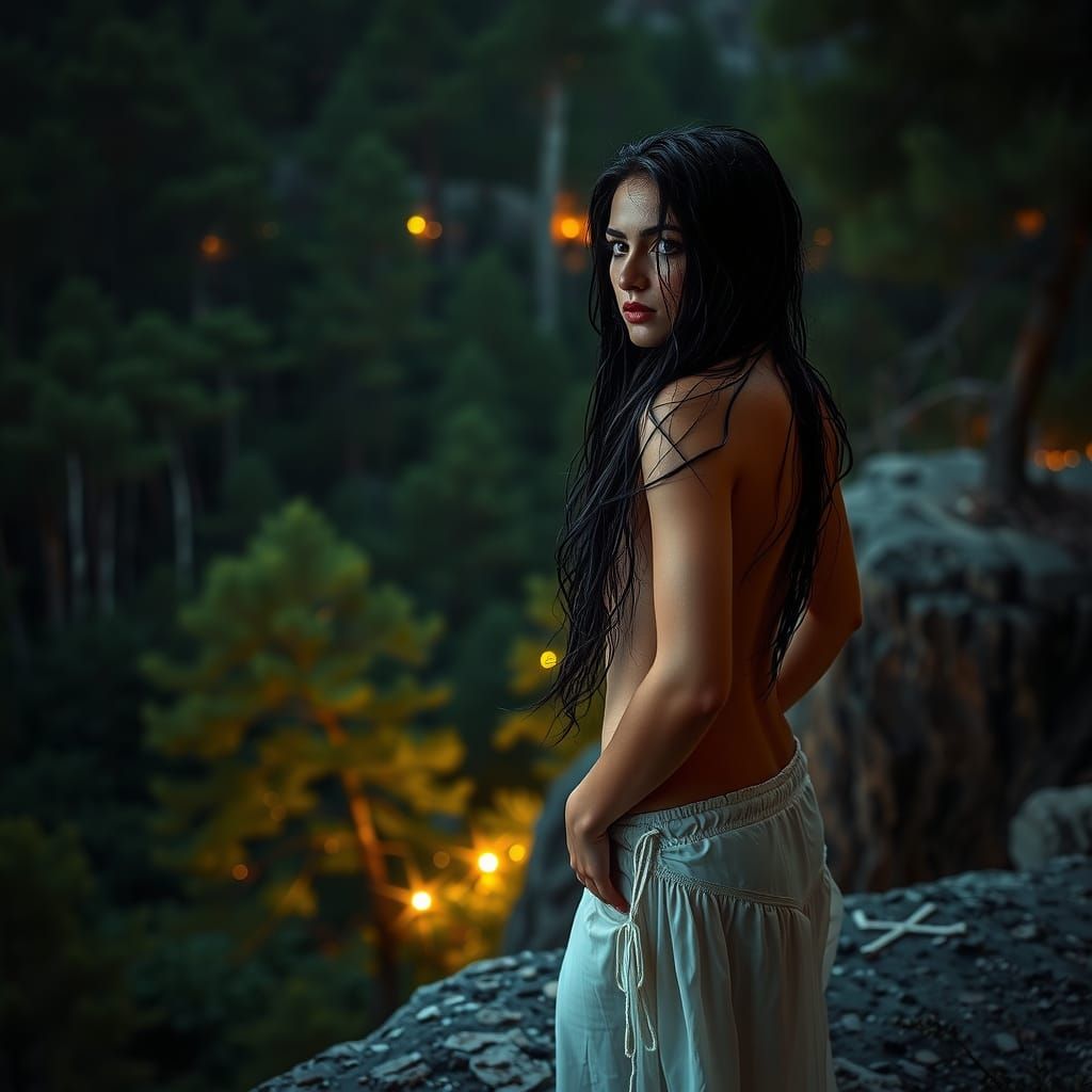 Worried Greek Woman on Cliff in Glamour Photography Style