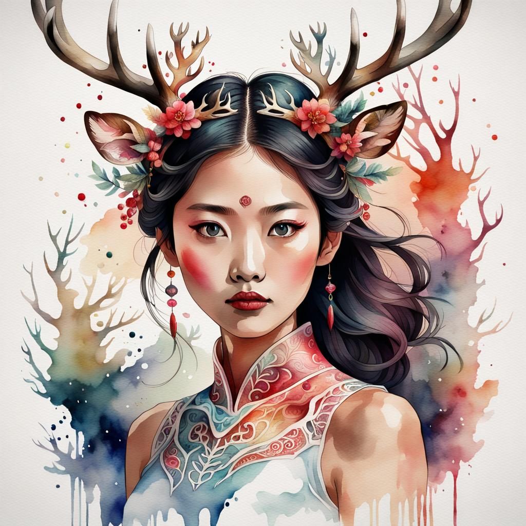 Asian Woman with Delicate Antlers, Watercolor Style