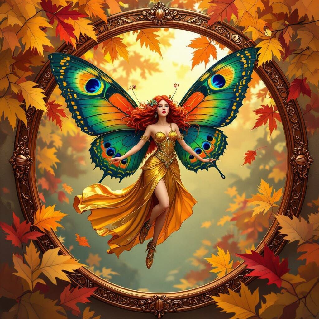 Autumn Fairy with Butterfly Wings in Art Deco Frame