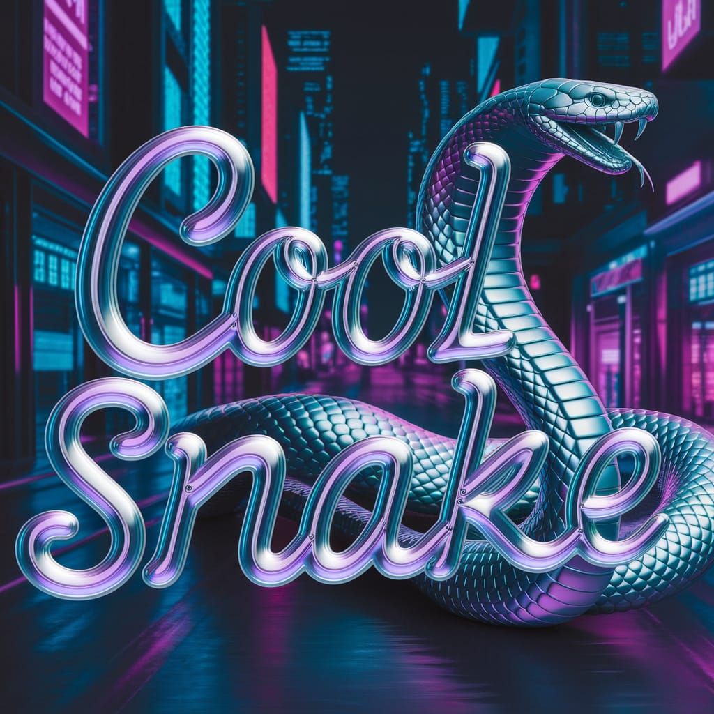 In a neon-lit cyberpunk cityscape, the text "Cool Snake" app...