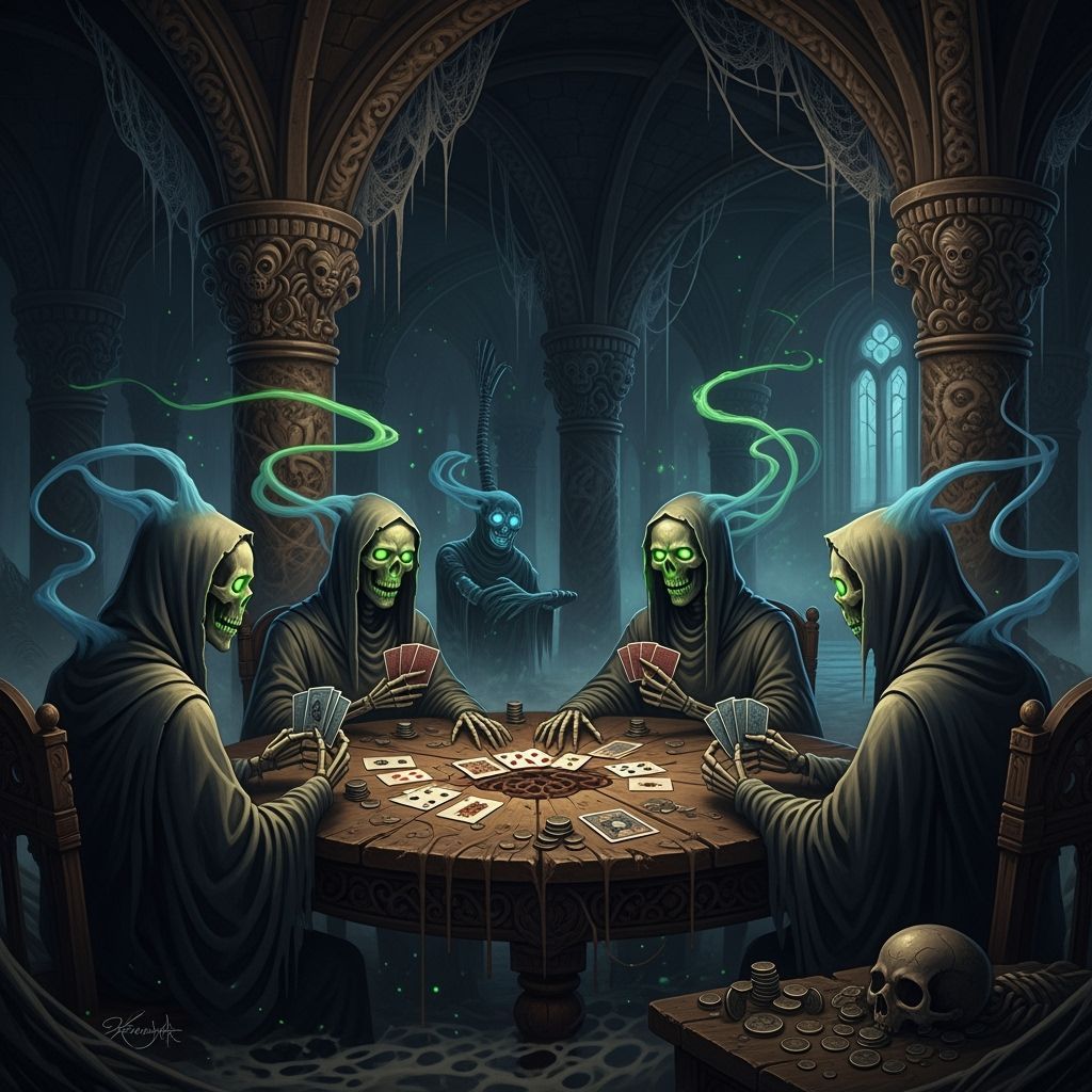 Skeletal Specters Play Poker in Eerie Crypt