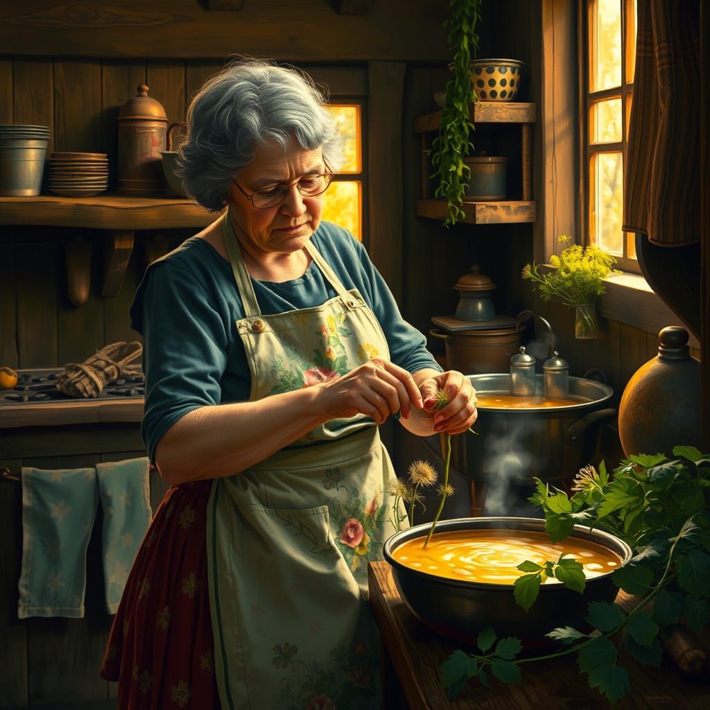 Nana making Dandelion soup during the great depression