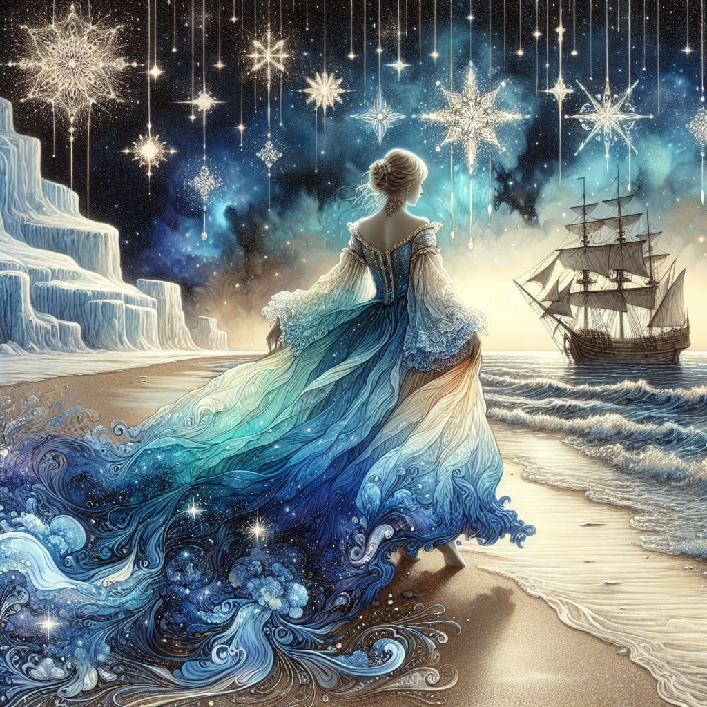 Surreal Arctic Queen Walking on Starry Beach