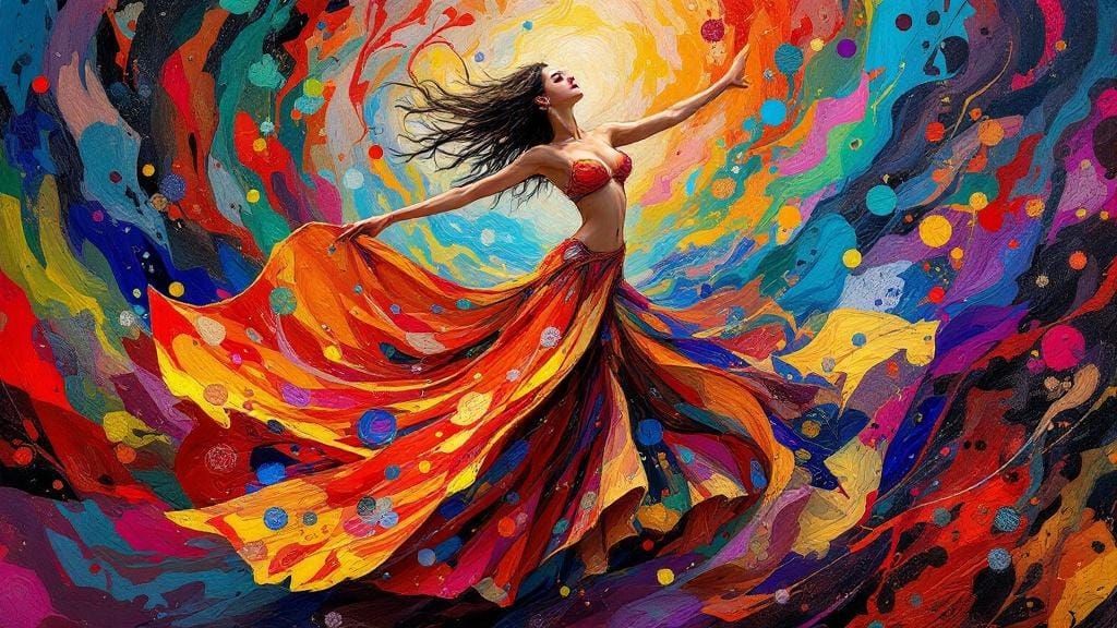 Energetic Belly Dancer in Neo-Impressionist Style